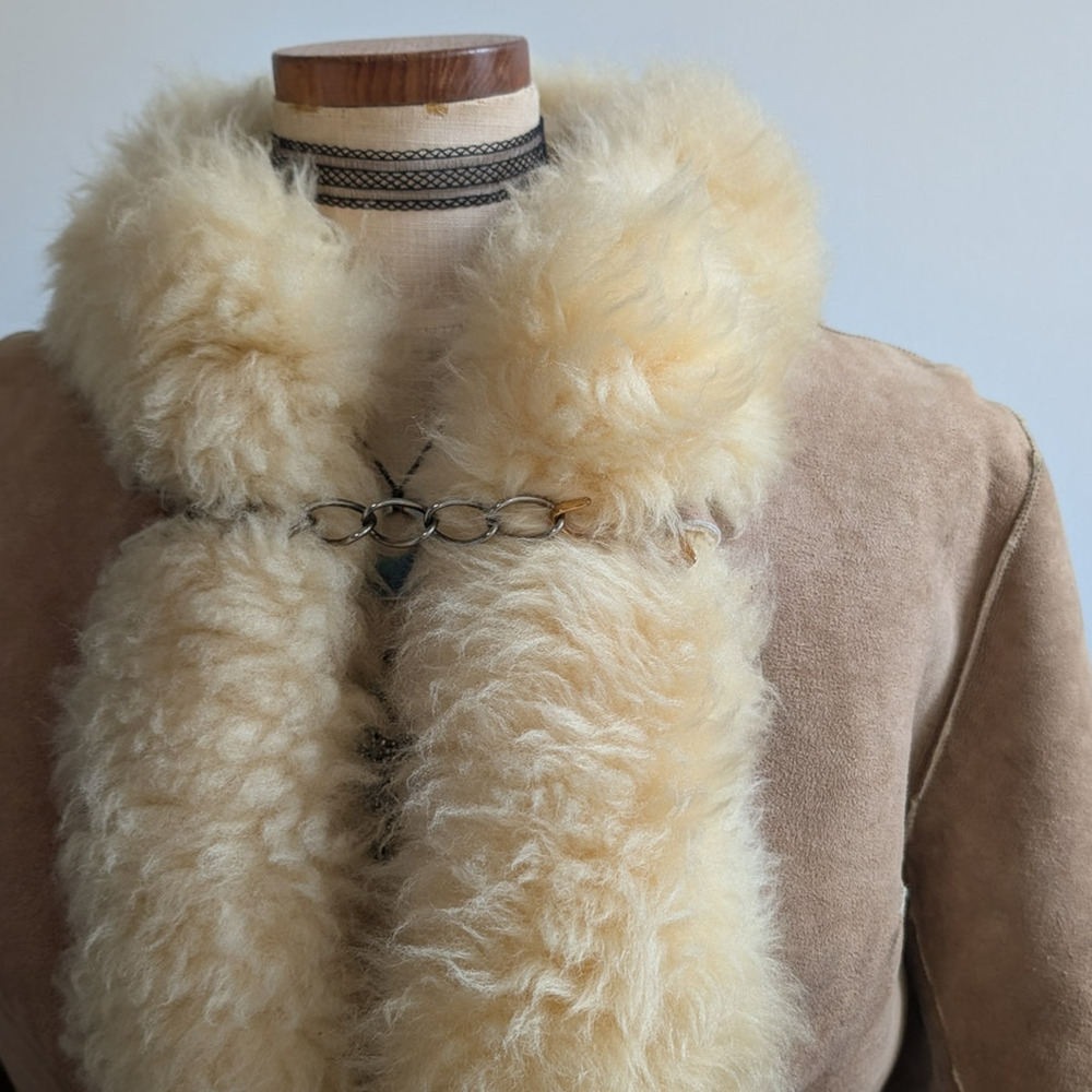 Vintage Brown Suede Fur Coat Boho Tan Leather Penny Lane Jacket Fur Trim Medium - Picture 7 of 11